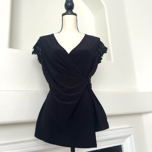 Anne Klein Black Lace Sleeve Wrap Blouse